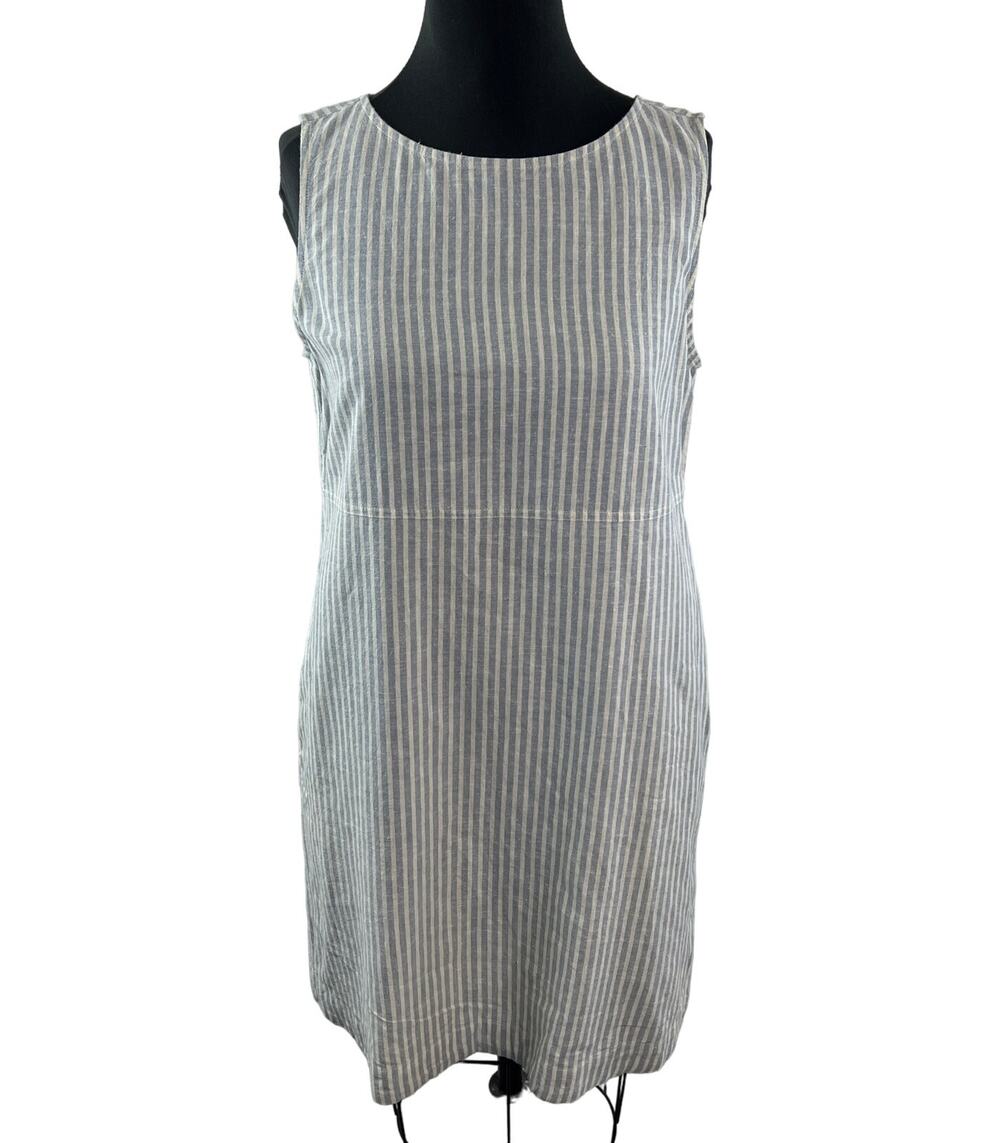 EILEEN FISHER Organic Cotton Dress Blue White Striped Sleeveless Pockets Size XS